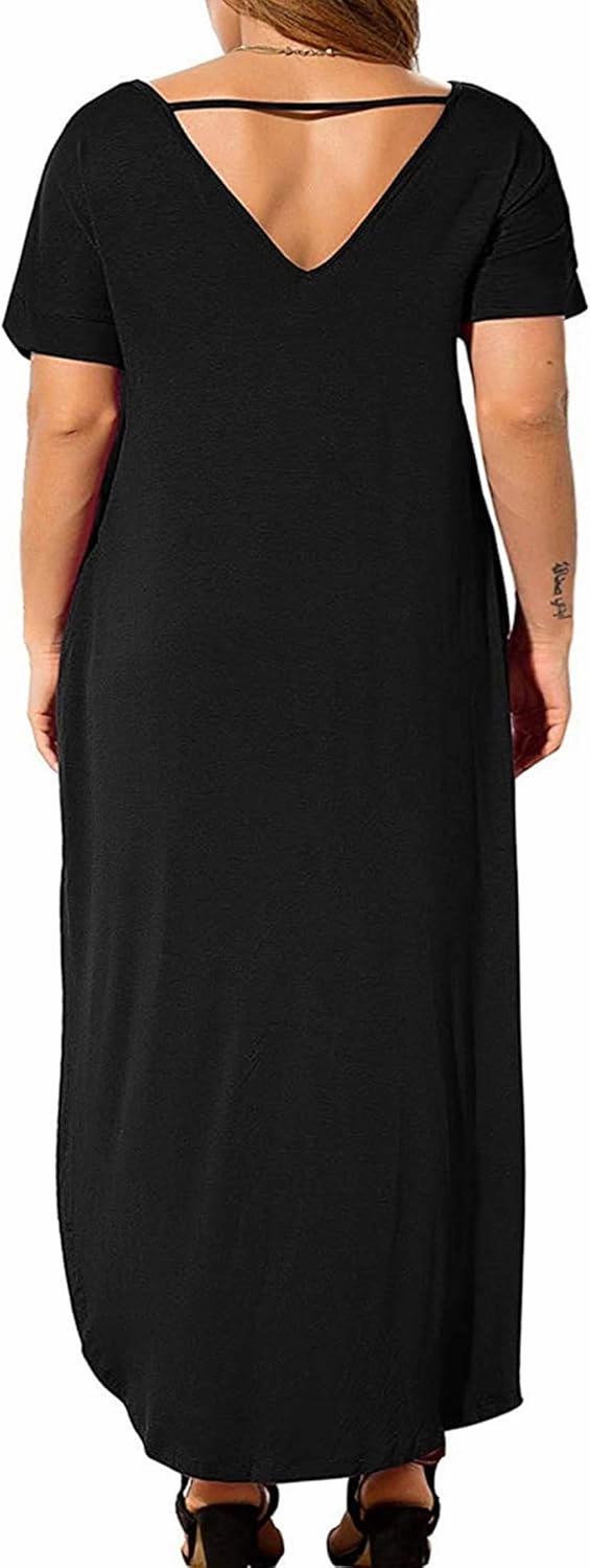 Kancystore Women's Plus Size Dresses Casual Loose Pocket Short Sleeve Slits Plus Size Long Maxi Dress XL-5X