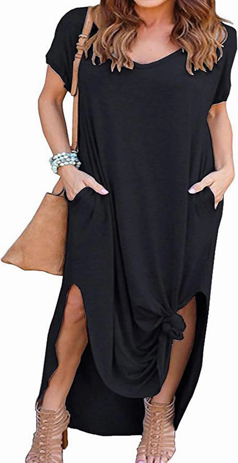 Kancystore Women's Plus Size Dresses Casual Loose Pocket Short Sleeve Slits Plus Size Long Maxi Dress XL-5X
