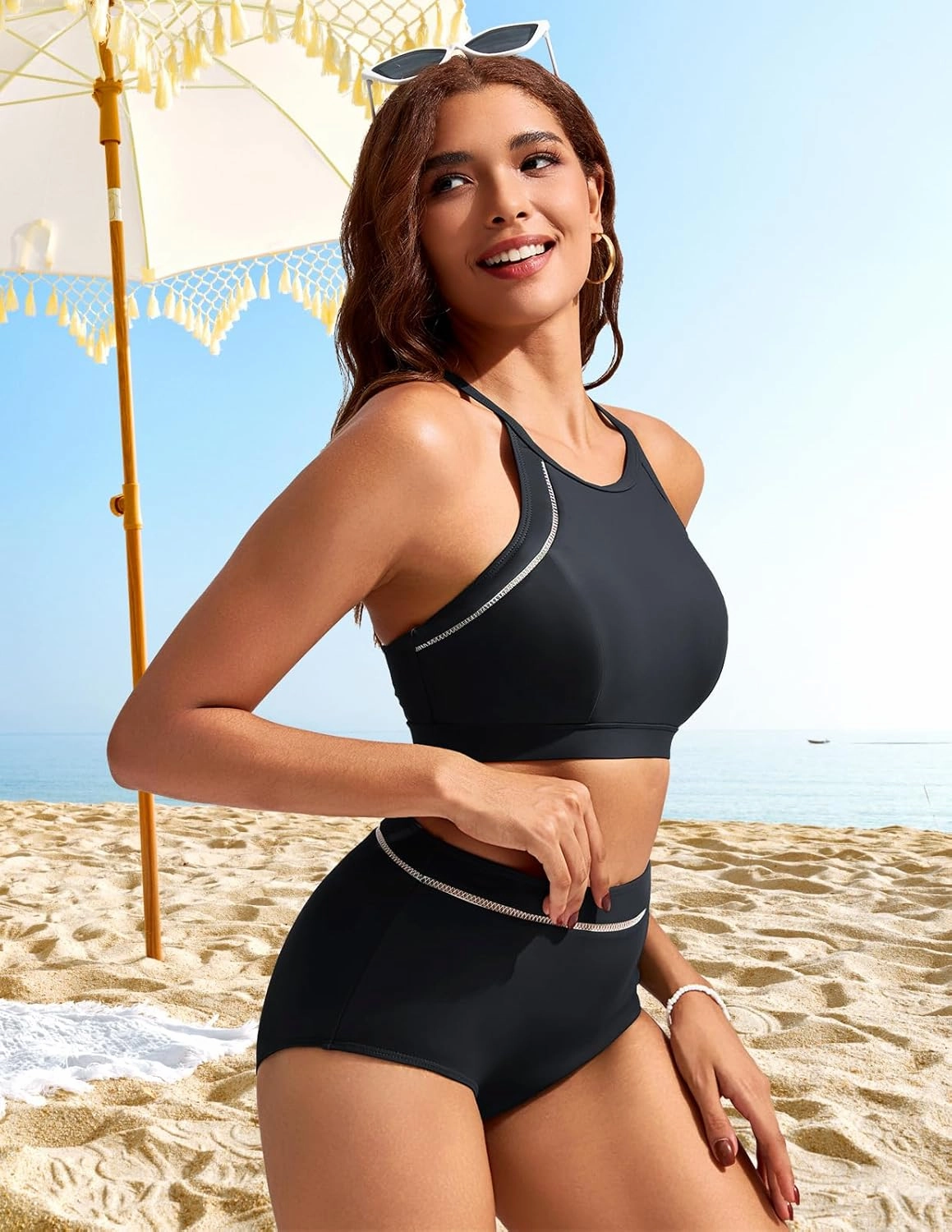 Kate Kasin Women's High Waisted Bikini Sets Sporty Two Piece High Neck Swimsuits Bathing Suit 2024