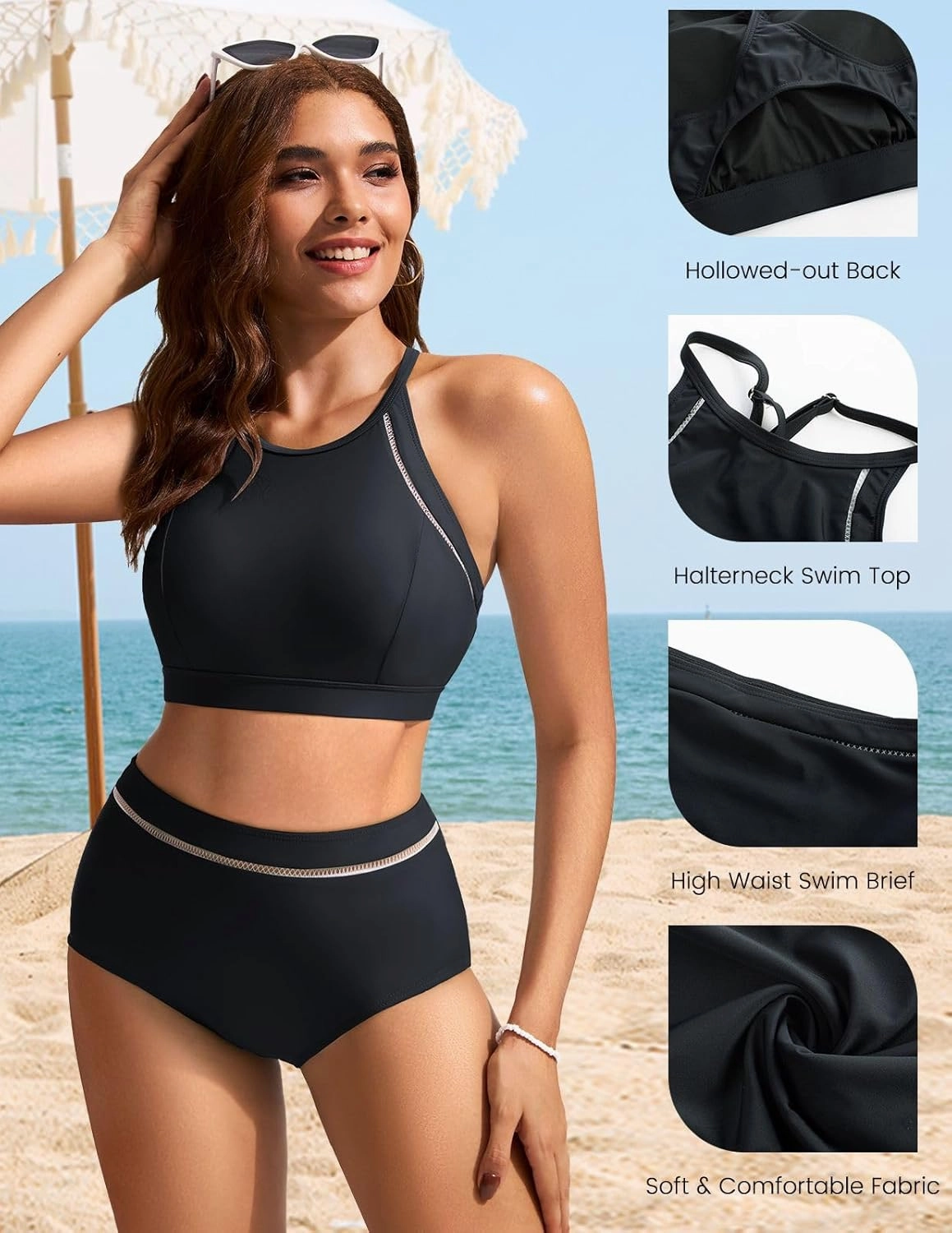 Kate Kasin Women's High Waisted Bikini Sets Sporty Two Piece High Neck Swimsuits Bathing Suit 2024