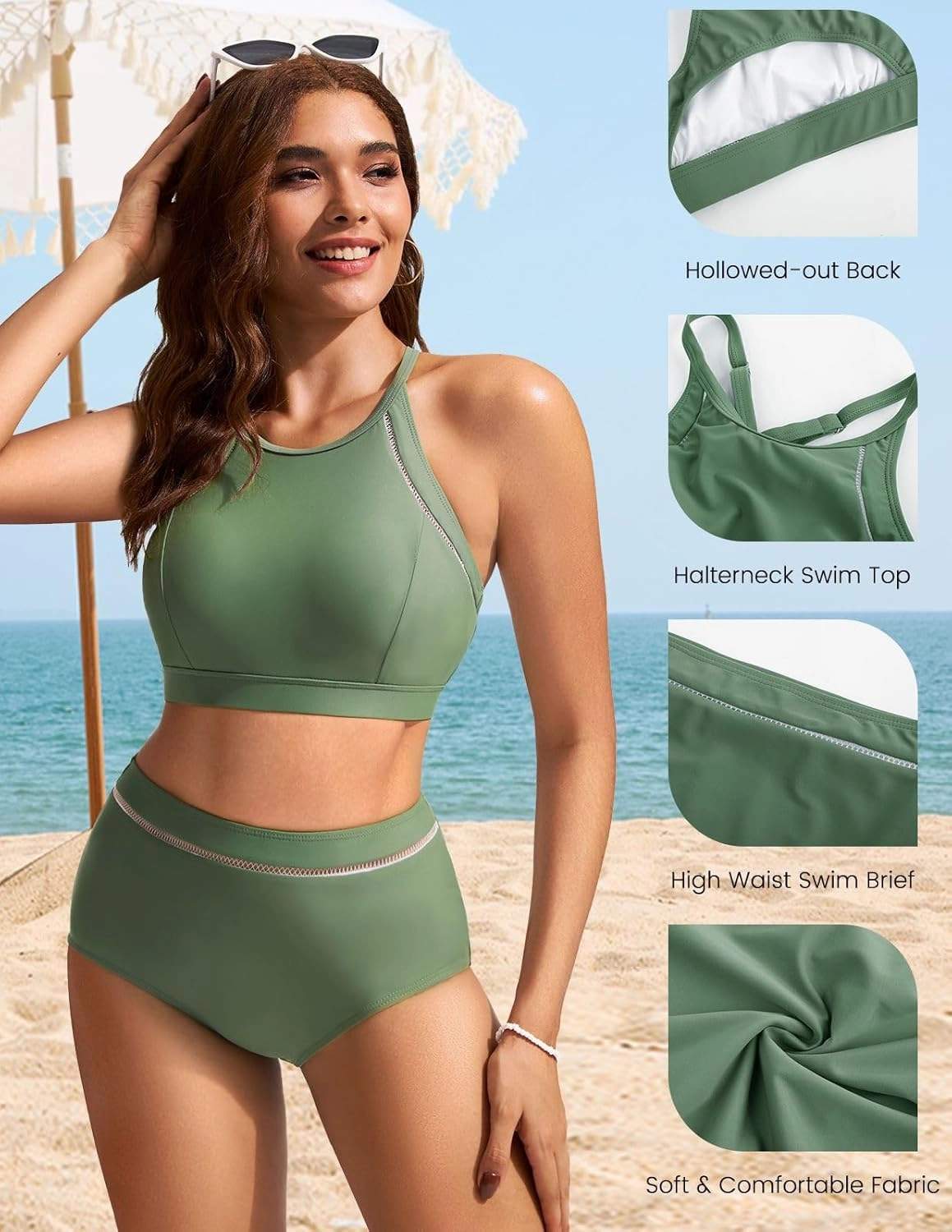 Kate Kasin Women's High Waisted Bikini Sets Sporty Two Piece High Neck Swimsuits Bathing Suit 2024