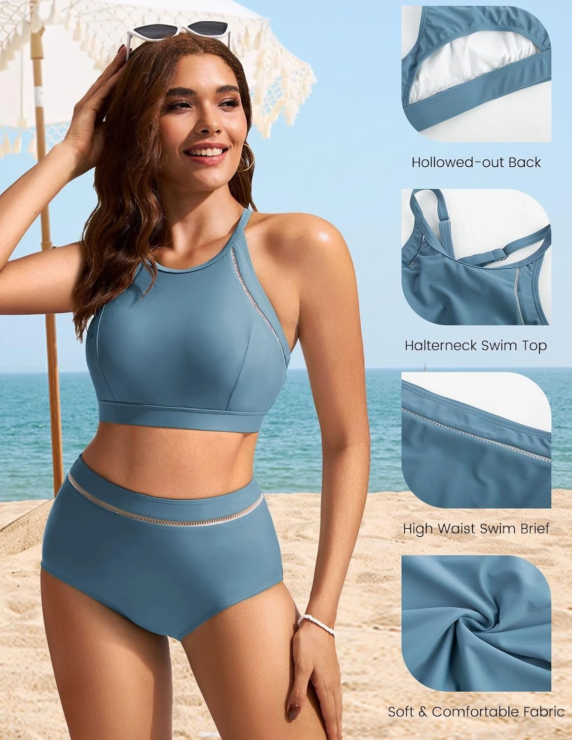 Kate Kasin Women's High Waisted Bikini Sets Sporty Two Piece High Neck Swimsuits Bathing Suit 2024