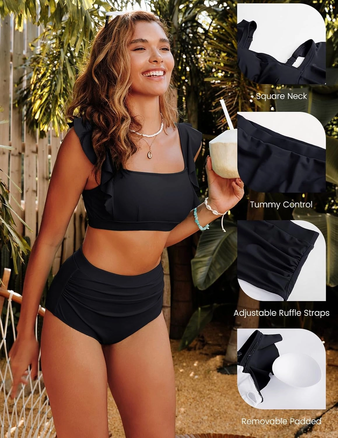 Kate Kasin Womens High Waisted Bikini Sets Ruffle Tummy Control Swimsuits Full Coverage Cheeky Two Piece Bathing Suit