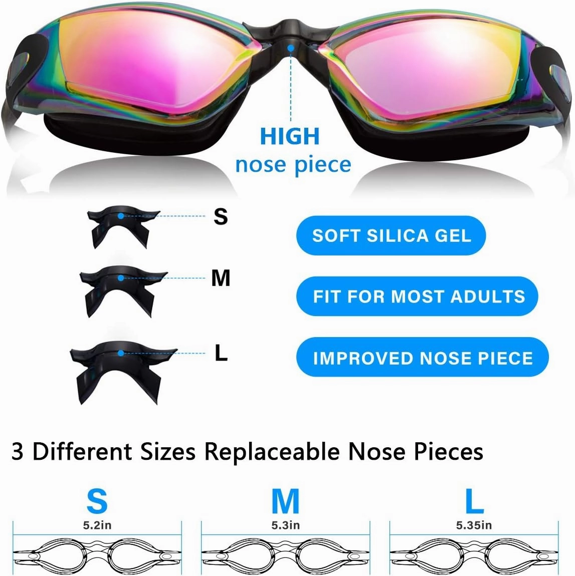 Keary 2 Pack Anti-Fog Swim Goggles for Adult Youth Kids 6 , Anti-UV Waterproof Triathlon Pool Goggles with 3 Nose Pieces