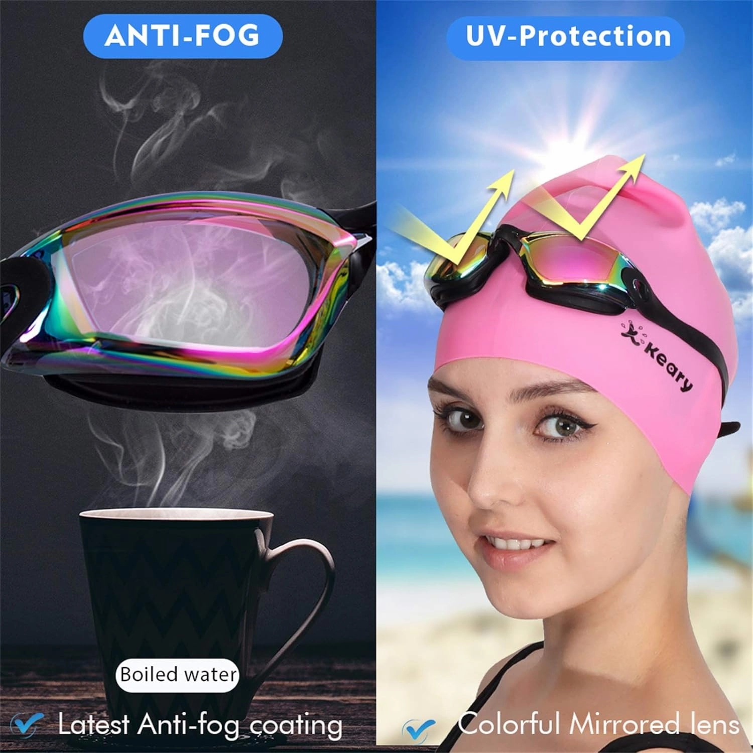 Keary 2 Pack Anti-Fog Swim Goggles for Adult Youth Kids 6 , Anti-UV Waterproof Triathlon Pool Goggles with 3 Nose Pieces