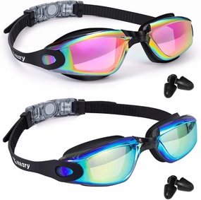 Keary 2 Pack Anti-Fog Swim Goggles for Adult Youth Kids 6 , Anti-UV Waterproof Triathlon Pool Goggles with 3 Nose Pieces