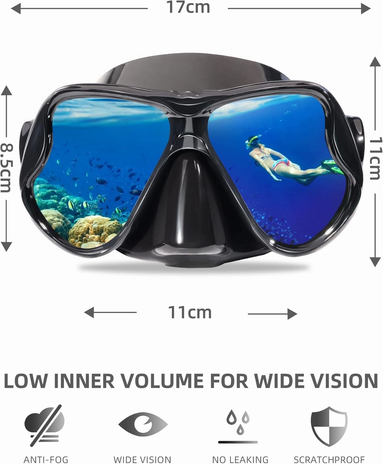 Keary Swimming Goggles Snorkel Diving Mask for Adult Men Women Youth, Anti-Fog 180??Clear View Swim Goggles with Nose Cover