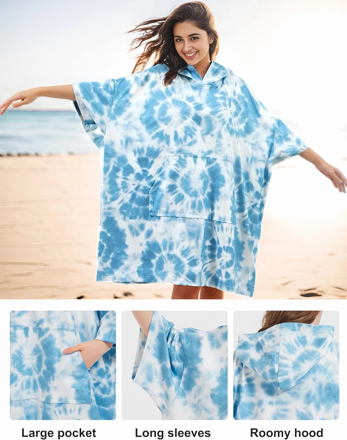 KFUBUO Surf Poncho Changing Towel Swim Robe with Pocket Plus Size Terry Cloth Swim Cover Up for Women Towel Poncho Hoodie