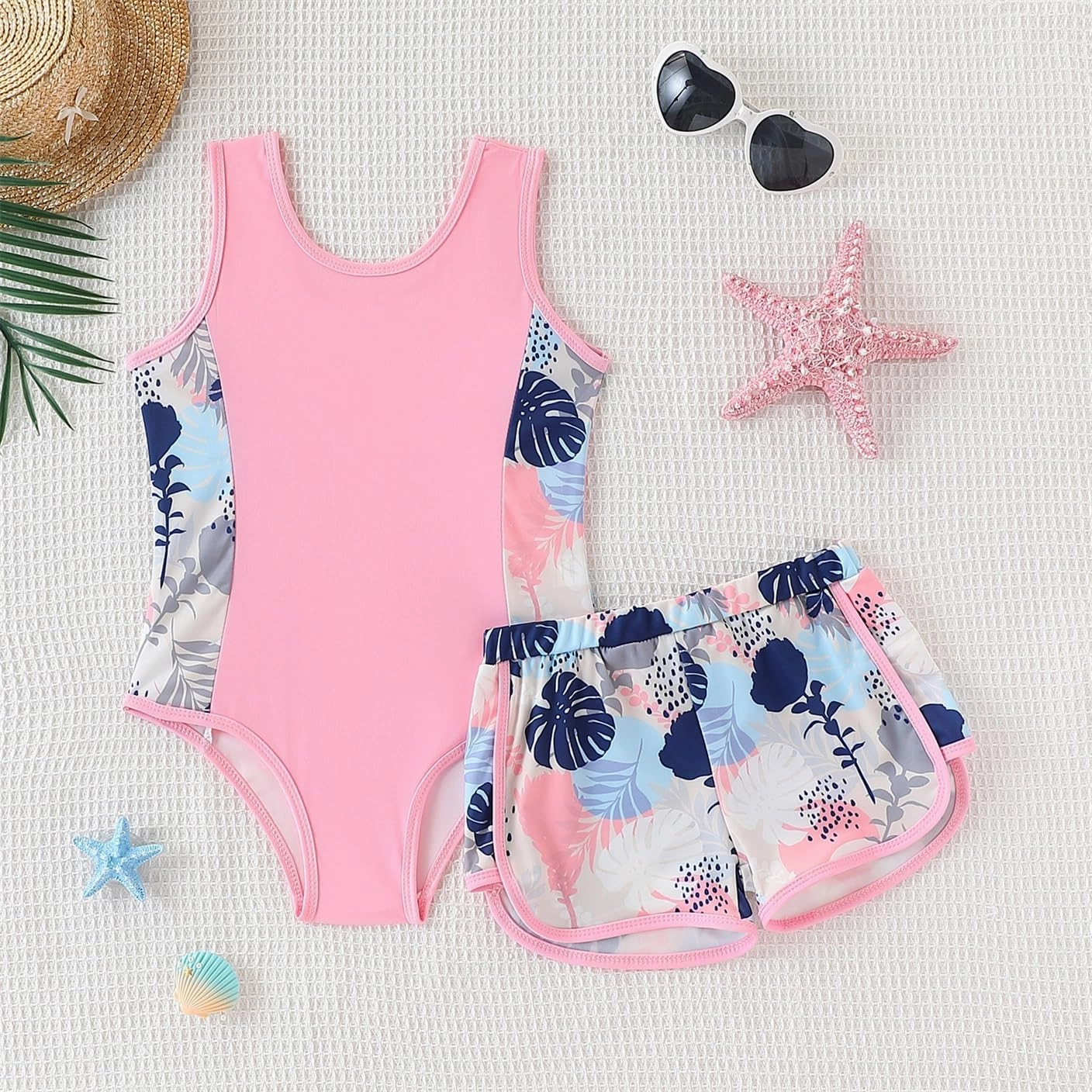Kid Girl Swimsuit Bikini Set 2PC Bathing Suit for Girls, Tropical Girls' Full Coverage Swimwear Shorts Set