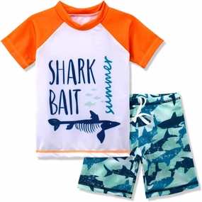 Kids Short Sleeve Sunsuit Swimwear Boys Two Piece Rash-Guard-Sets Dinosaur Pattern