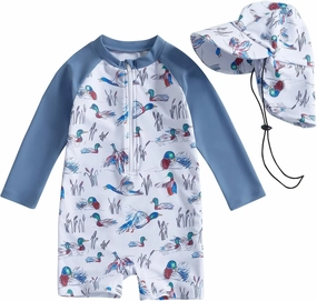 KMBANGI Toddler Baby Boy Mallard Swimsuit Kids Rash Guard Long Sleeve One Piece Bathing Suit Duck Hunting Swimwear with Hat