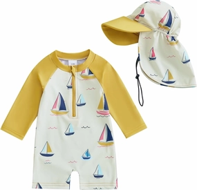 KMBANGI Toddler Baby Boy Mallard Swimsuit Kids Rash Guard Long Sleeve One Piece Bathing Suit Duck Hunting Swimwear with Hat