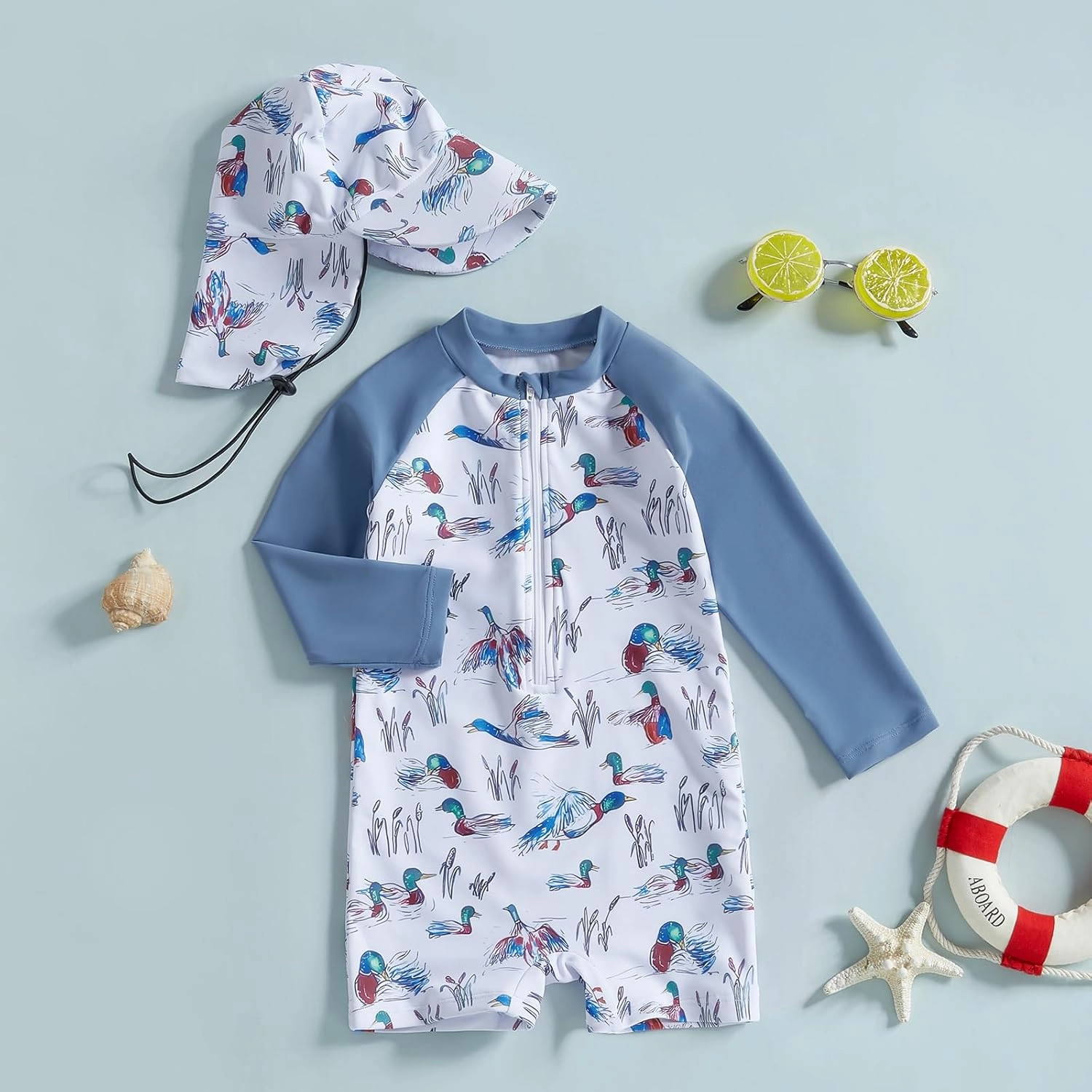 KMBANGI Toddler Baby Boy Mallard Swimsuit Kids Rash Guard Long Sleeve One Piece Bathing Suit Duck Hunting Swimwear with Hat