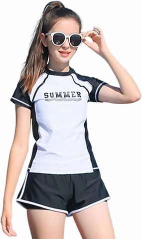 KORADI Girls Swimsuits Rash Guard Swim Set Kids Two-Piece Bathing Suits Teen Swimwear Beach Shorts Sun Protection Swim Shirts