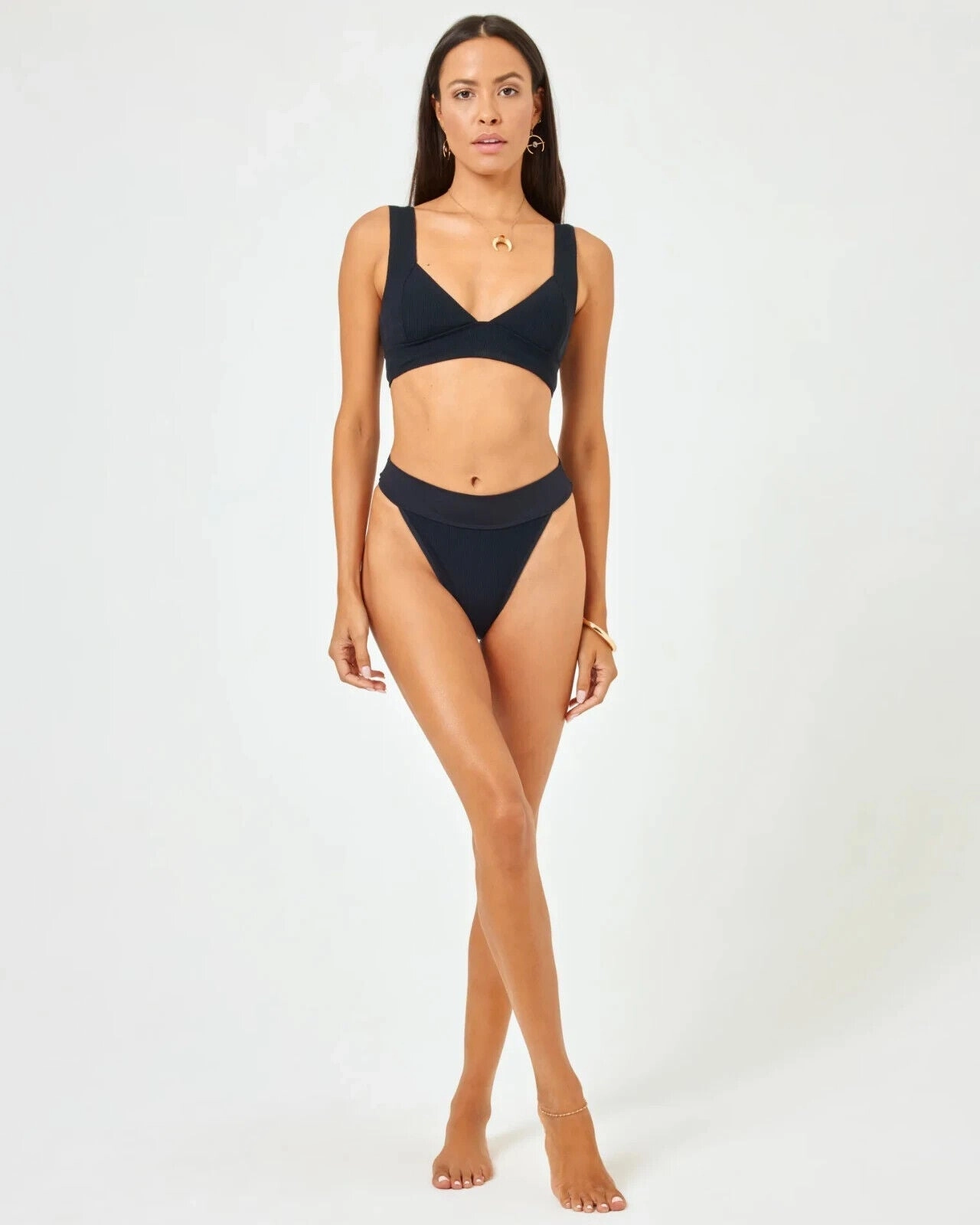 L*Space Hailey Bikini Top Womens Large Black Stretch Thick Strap Swimwear ERK315