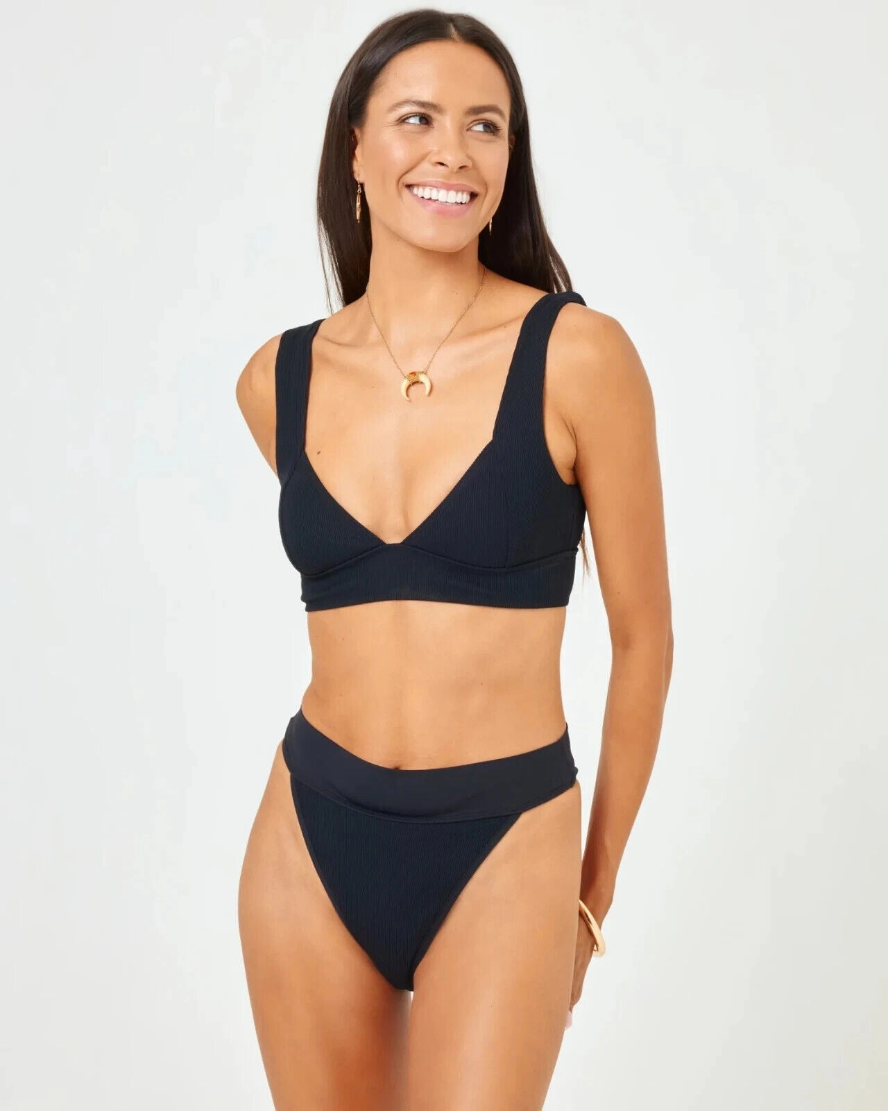 L*Space Hailey Bikini Top Womens Large Black Stretch Thick Strap Swimwear ERK315