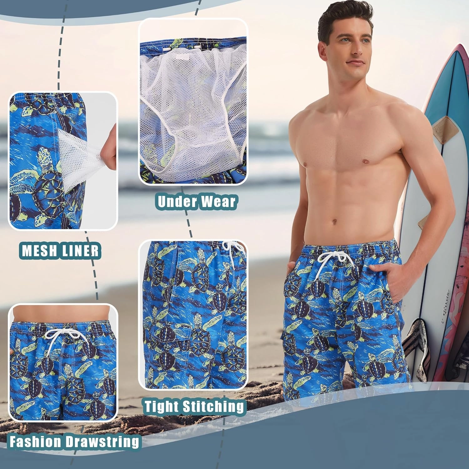 Landisun Mens Swim Trunks Board Shorts Swimsuit Swimwear Swim Shorts Bathing Suits Quick Dry with Mesh Lining