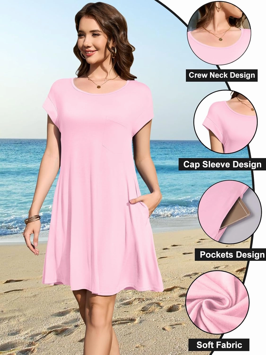 LARACE Plus Size Women Swimsuit Cover Up Cap Sleeve Summer Beach Coverups Loose Shirt Dress Swimwear Sundress with Pockets