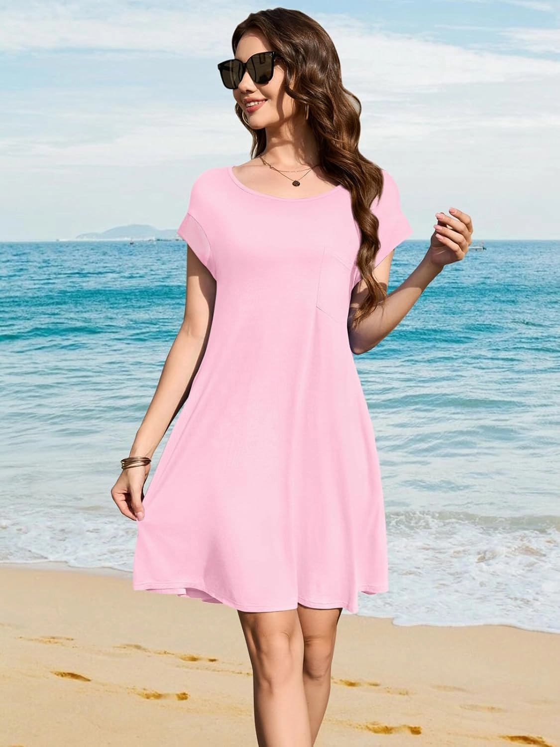 LARACE Plus Size Women Swimsuit Cover Up Cap Sleeve Summer Beach Coverups Loose Shirt Dress Swimwear Sundress with Pockets
