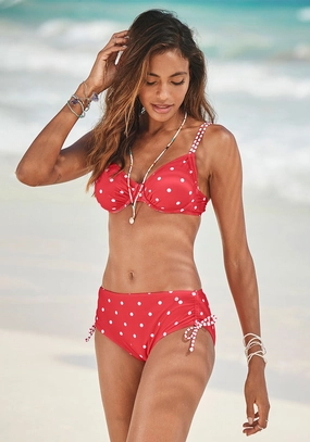 LASCANA Women's Pattern Mid Rise Bikini Swim Bottom, Red & White, 4