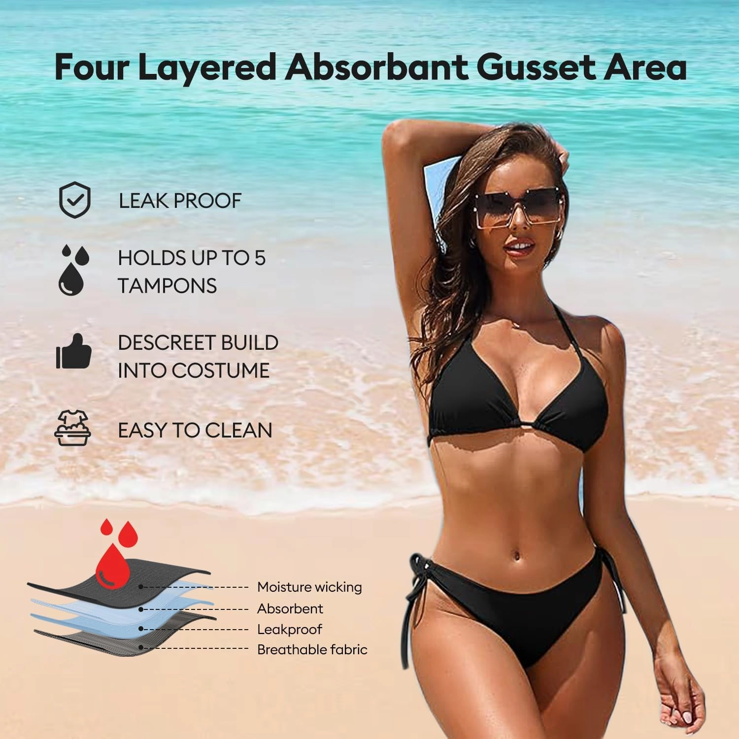 Leakproof Swim Bottom, Full Coverage Swimwear with Side Tie, Leak Proof Swim Bikinis for Teens Girls Women