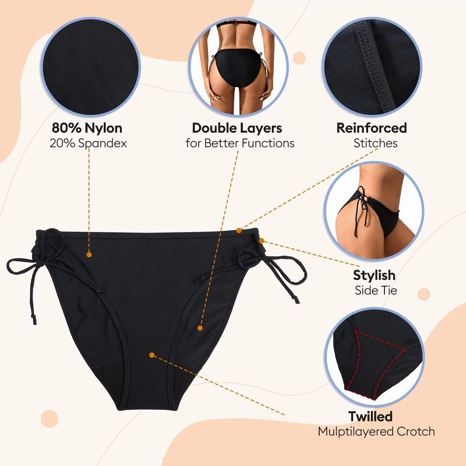 Leakproof Swim Bottom, Full Coverage Swimwear with Side Tie, Leak Proof Swim Bikinis for Teens Girls Women