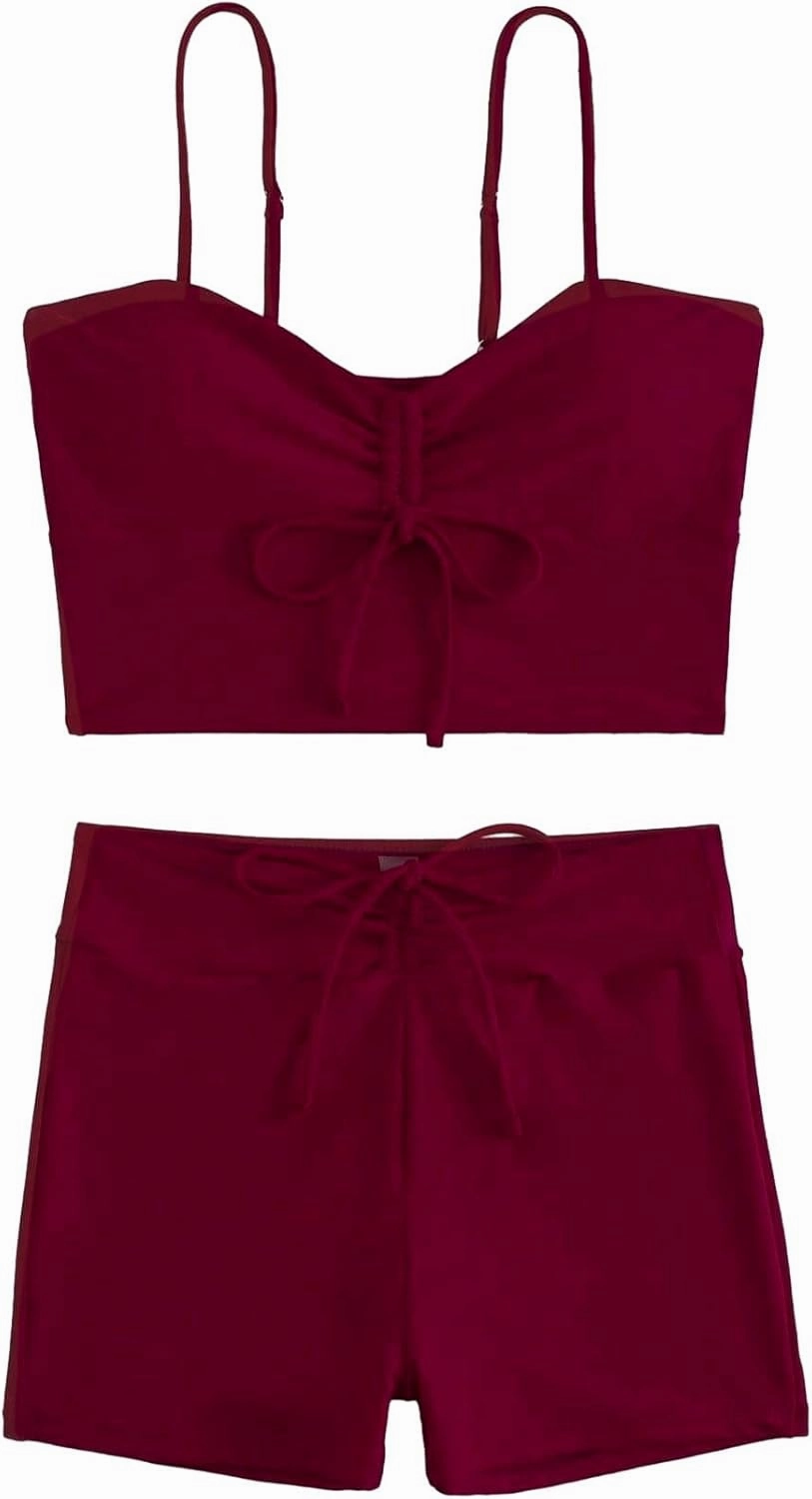 Lilosy Drawstring High Waisted Bikini Set Srting Swimsuit Spaghetti Strap Cami Top and Tie Side Shorts 2 Piece