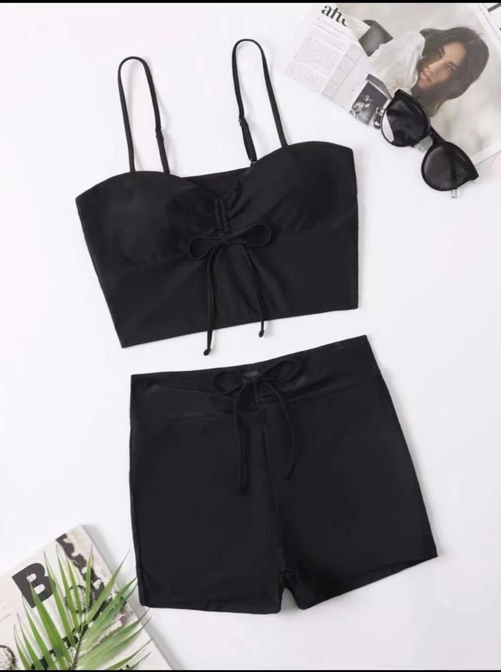 Lilosy Drawstring High Waisted Bikini Set Srting Swimsuit Spaghetti Strap Cami Top and Tie Side Shorts 2 Piece