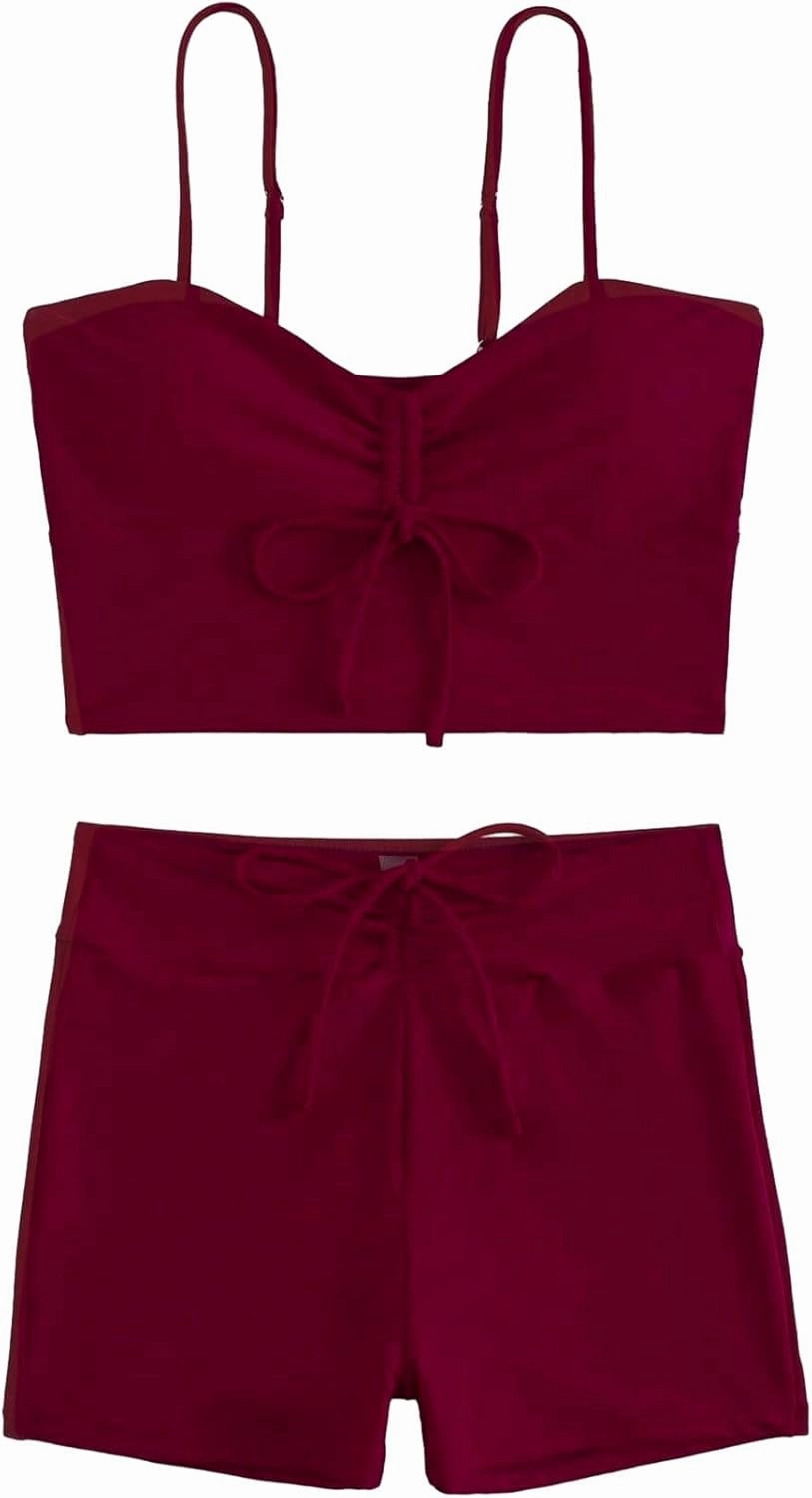 Lilosy Drawstring High Waisted Bikini Set Srting Swimsuit Spaghetti Strap Cami Top and Tie Side Shorts 2 Piece