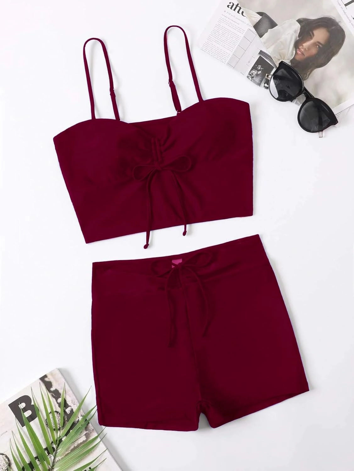 Lilosy Drawstring High Waisted Bikini Set Srting Swimsuit Spaghetti Strap Cami Top and Tie Side Shorts 2 Piece