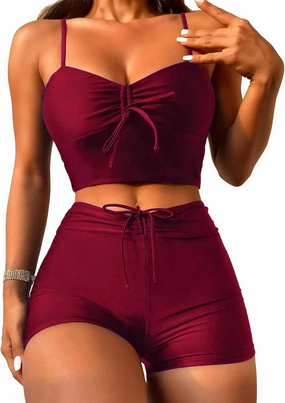 Lilosy Drawstring High Waisted Bikini Set Srting Swimsuit Spaghetti Strap Cami Top and Tie Side Shorts 2 Piece