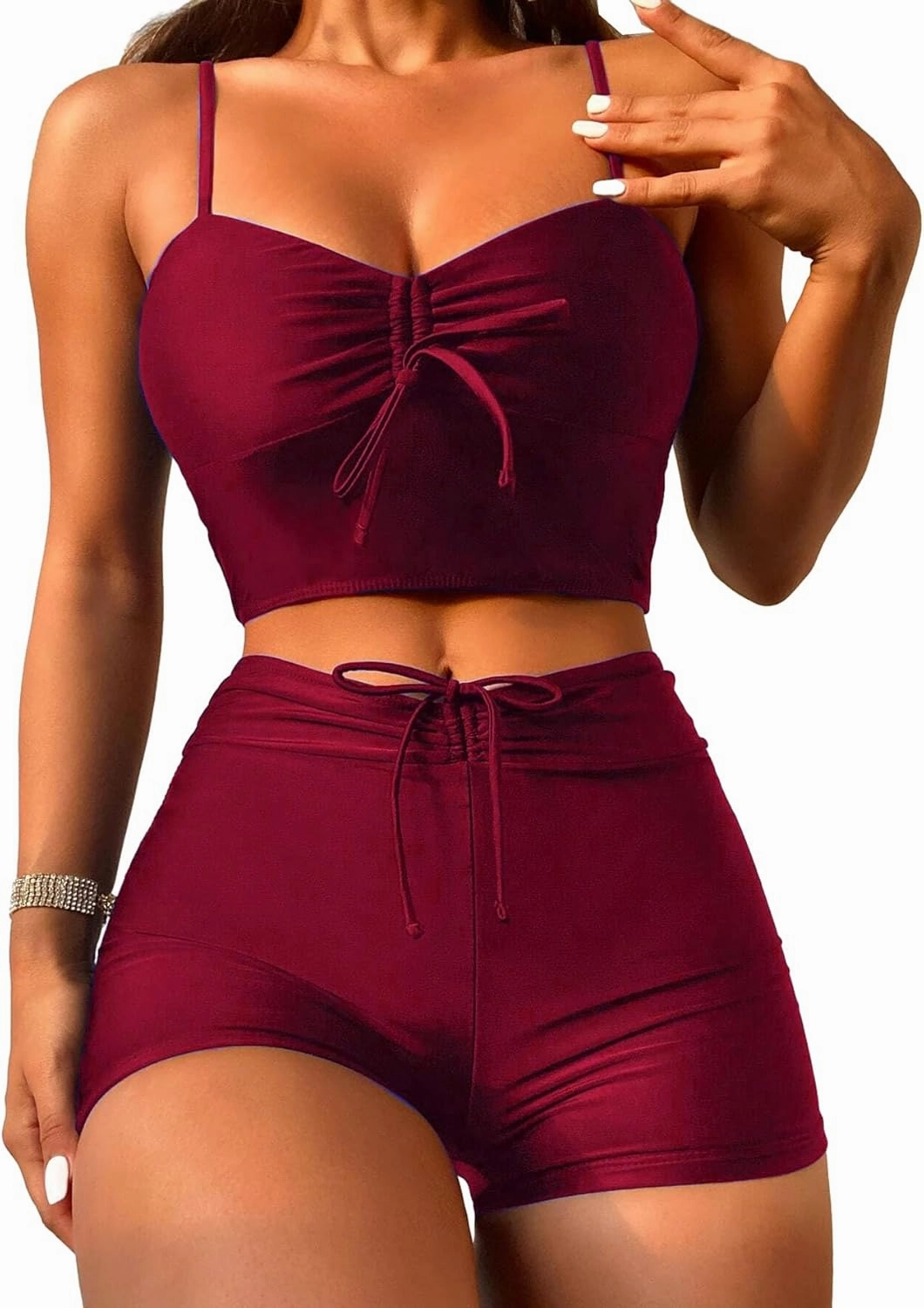 Lilosy Drawstring High Waisted Bikini Set Srting Swimsuit Spaghetti Strap Cami Top and Tie Side Shorts 2 Piece