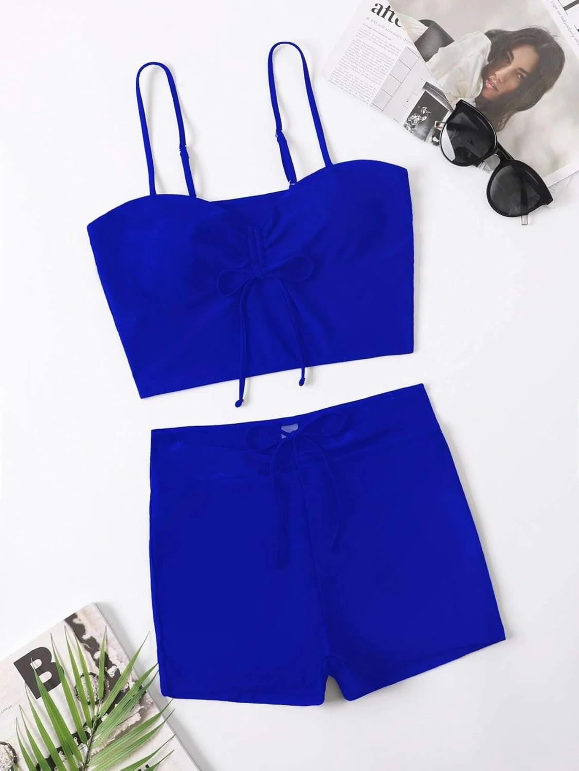 Lilosy Drawstring High Waisted Bikini Set Srting Swimsuit Spaghetti Strap Cami Top and Tie Side Shorts 2 Piece