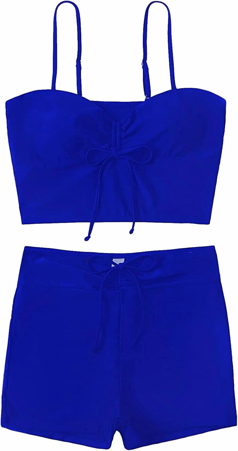 Lilosy Drawstring High Waisted Bikini Set Srting Swimsuit Spaghetti Strap Cami Top and Tie Side Shorts 2 Piece