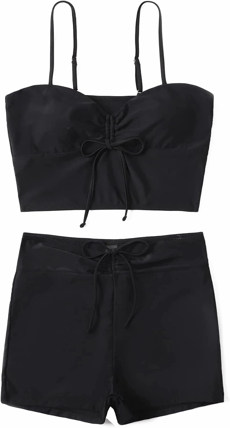 Lilosy Drawstring High Waisted Bikini Set Srting Swimsuit Spaghetti Strap Cami Top and Tie Side Shorts 2 Piece