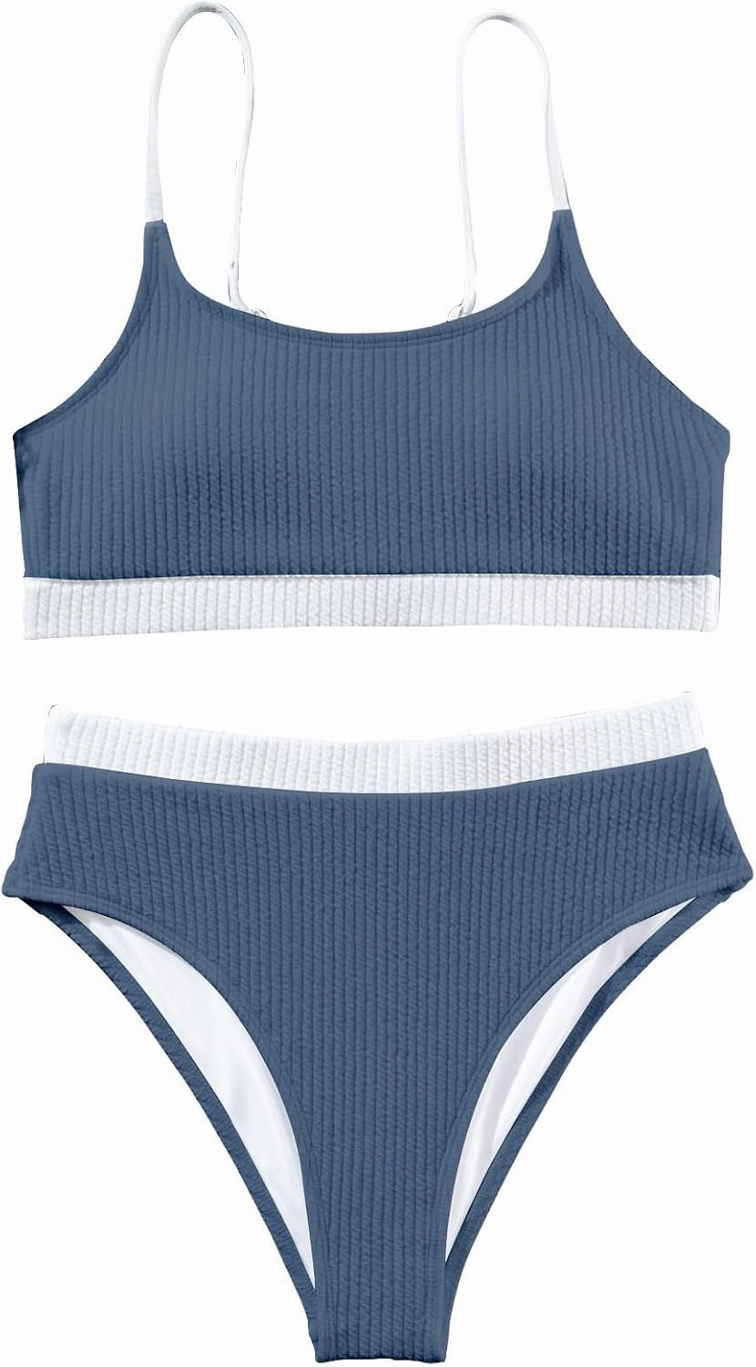Lilosy High Waisted Tummy Control Ribbed Bikini Crop Top Brazilian Swimsuit Set 2 Piece