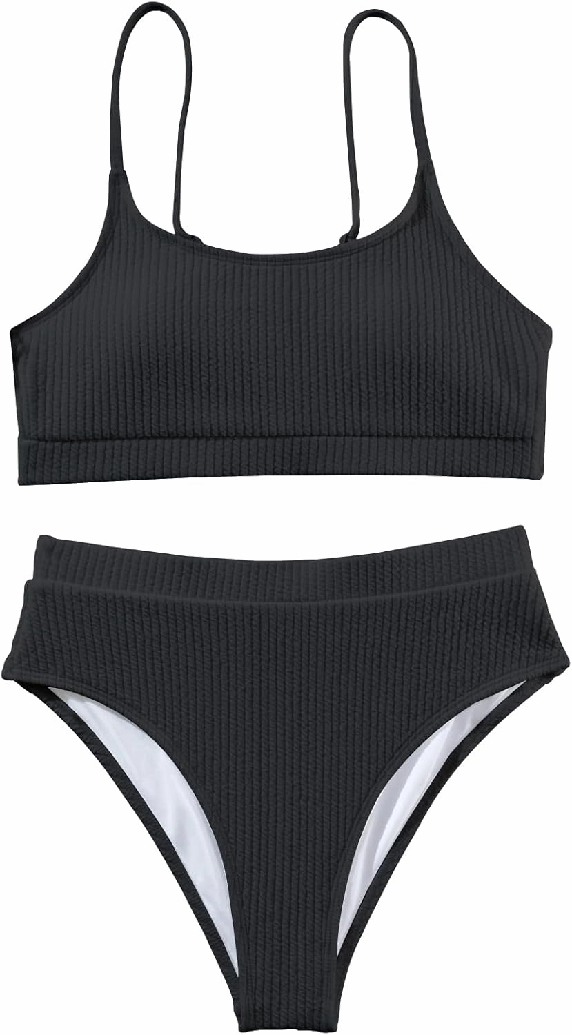 Lilosy High Waisted Tummy Control Ribbed Bikini Crop Top Brazilian Swimsuit Set 2 Piece