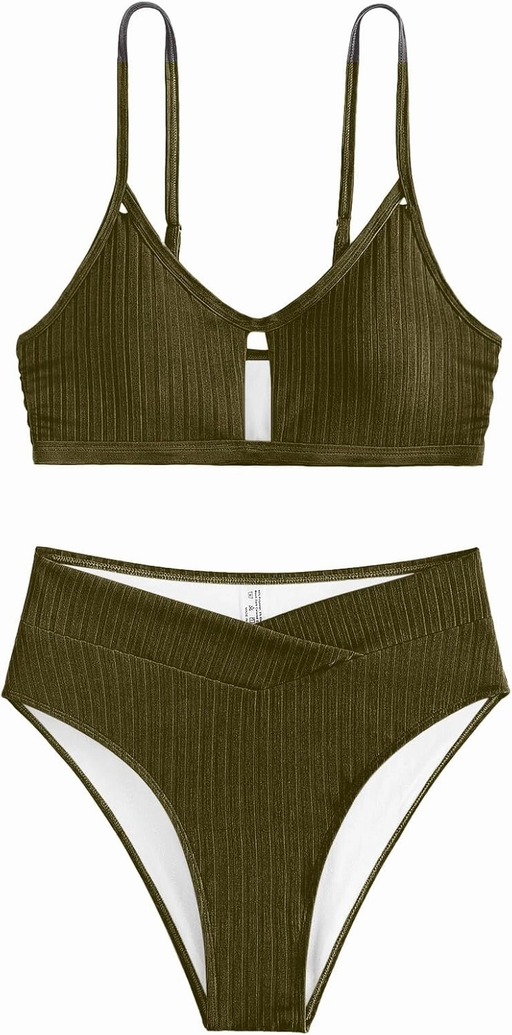 Lilosy Sexy High Waisted Cutout Ribbed V Cut Bikini Set 2 Piece Swimsuit