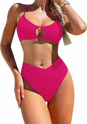 Lilosy Sexy High Waisted Cutout Ribbed V Cut Bikini Set 2 Piece Swimsuit