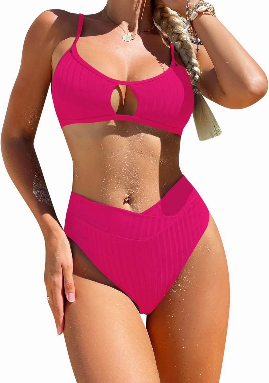 Lilosy Sexy High Waisted Cutout Ribbed V Cut Bikini Set 2 Piece Swimsuit
