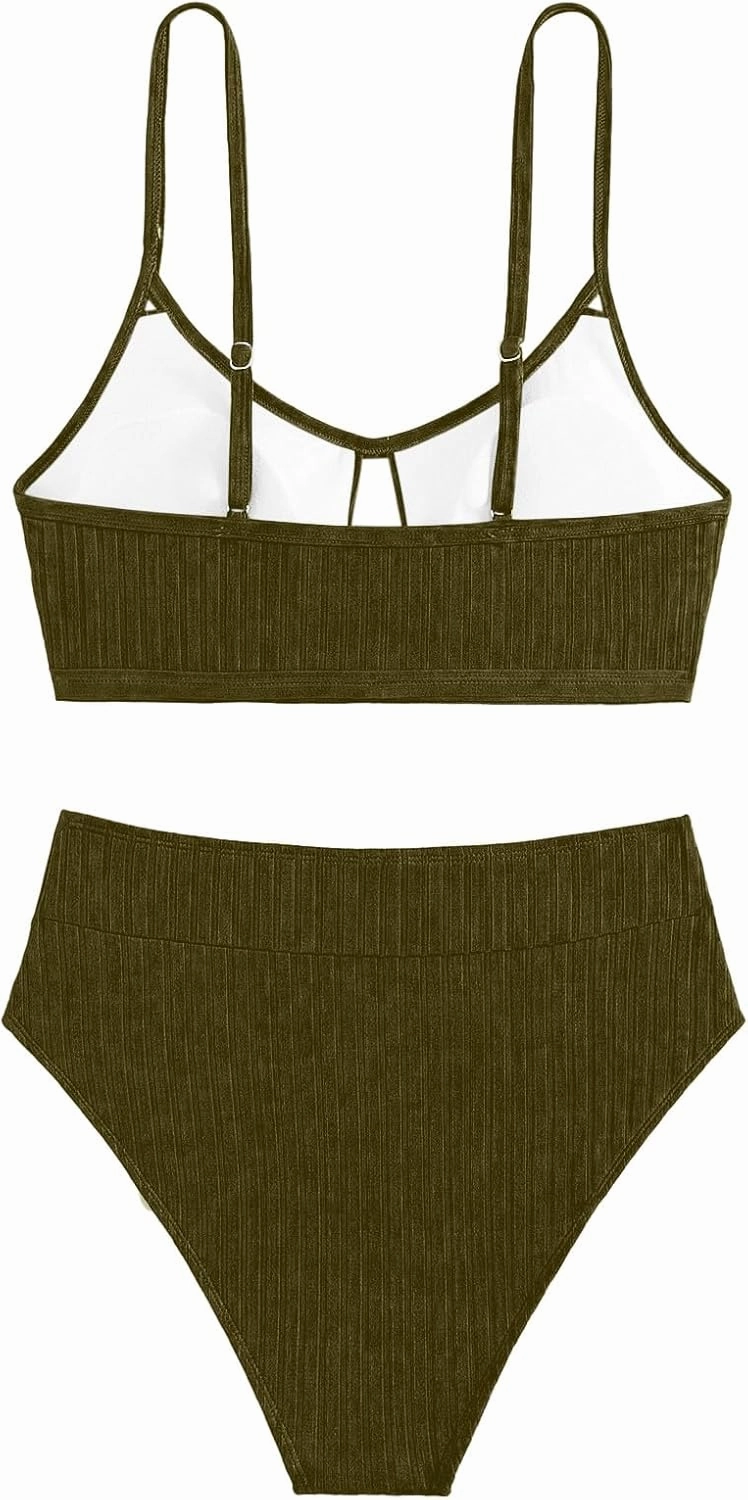 Lilosy Sexy High Waisted Cutout Ribbed V Cut Bikini Set 2 Piece Swimsuit