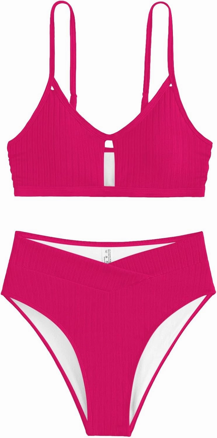 Lilosy Sexy High Waisted Cutout Ribbed V Cut Bikini Set 2 Piece Swimsuit