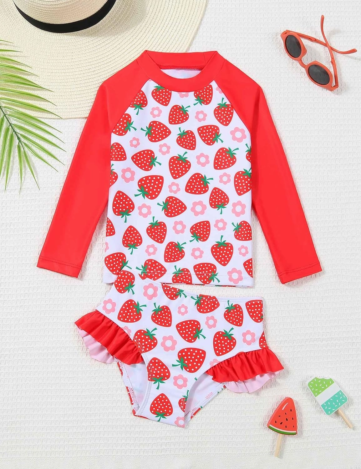 Little Girls Swimsuit Rash Guard Set Toddler Girl Long Sleeve Two Piece Bathing Suit with Ruffle Bikini Bottoms Swimwear