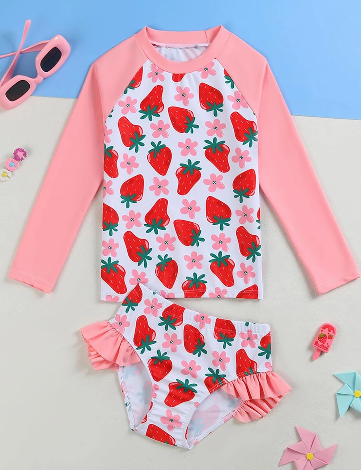 Little Girls Swimsuit Rash Guard Set Toddler Girl Long Sleeve Two Piece Bathing Suit with Ruffle Bikini Bottoms Swimwear