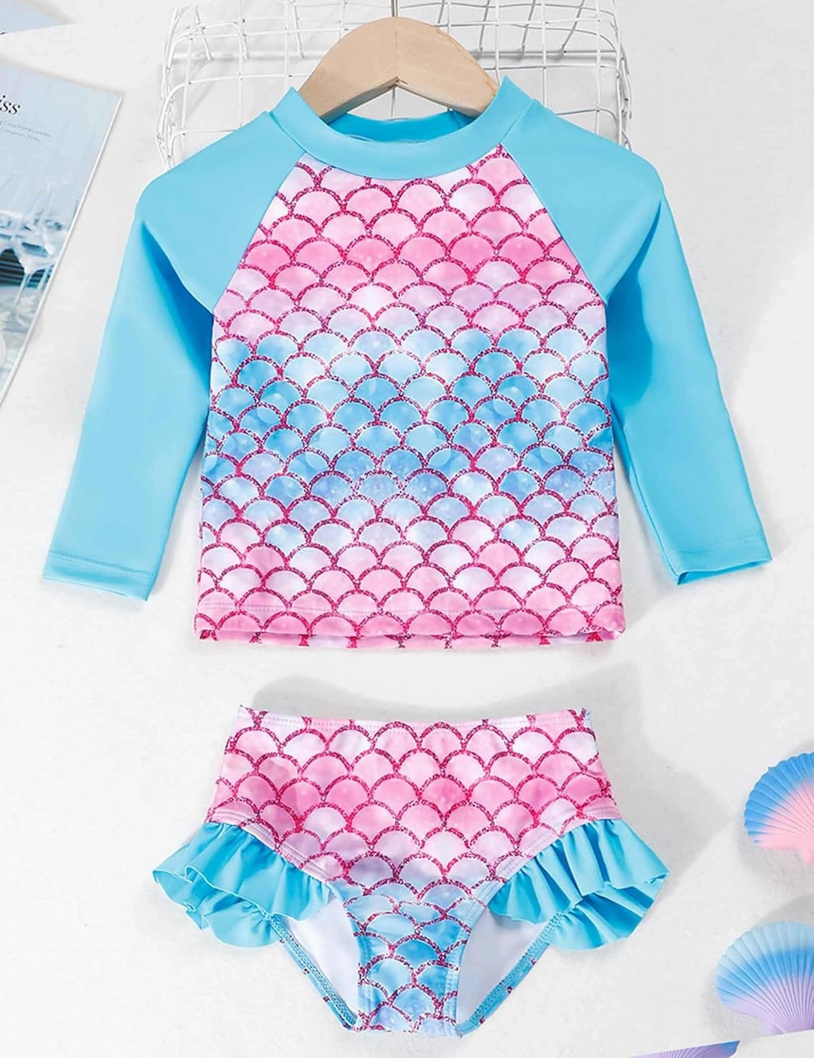 Little Girls Swimsuit Rash Guard Set Toddler Girl Long Sleeve Two Piece Bathing Suit with Ruffle Bikini Bottoms Swimwear
