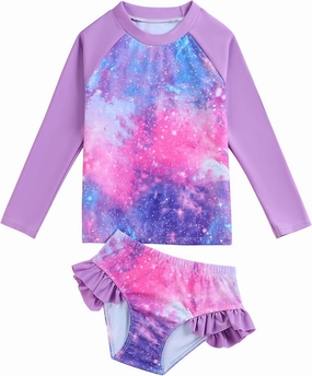 Little Girls Swimsuit Rash Guard Set Toddler Girl Long Sleeve Two Piece Bathing Suit with Ruffle Bikini Bottoms Swimwear
