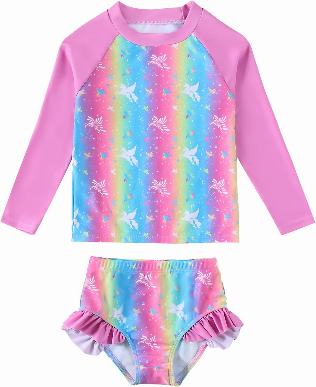 Little Girls Swimsuit Rash Guard Set Toddler Girl Long Sleeve Two Piece Bathing Suit with Ruffle Bikini Bottoms Swimwear