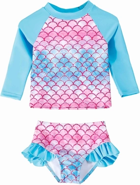 Little Girls Swimsuit Rash Guard Set Toddler Girl Long Sleeve Two Piece Bathing Suit with Ruffle Bikini Bottoms Swimwear