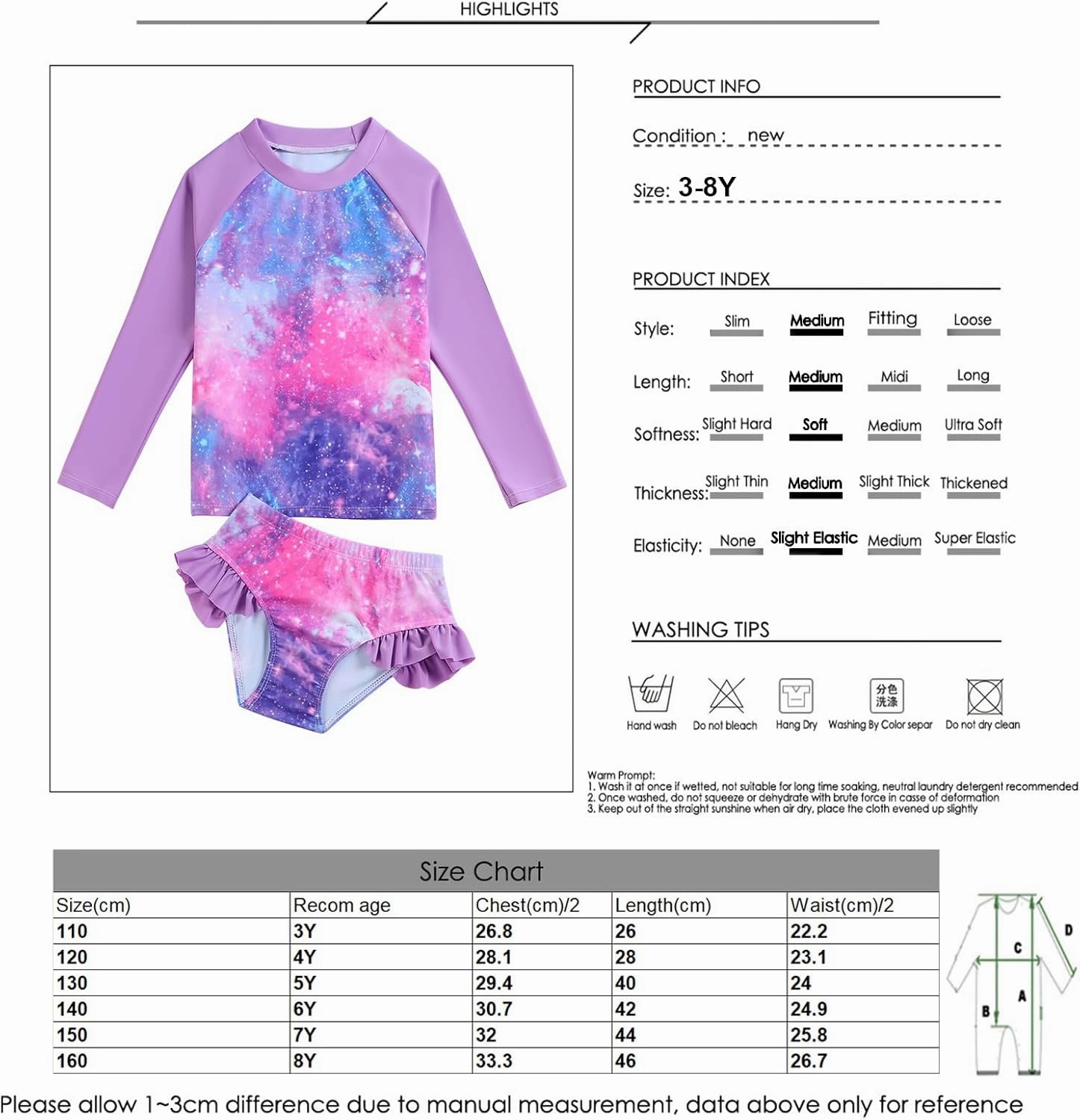 Little Girls Swimsuit Rash Guard Set Toddler Girl Long Sleeve Two Piece Bathing Suit with Ruffle Bikini Bottoms Swimwear