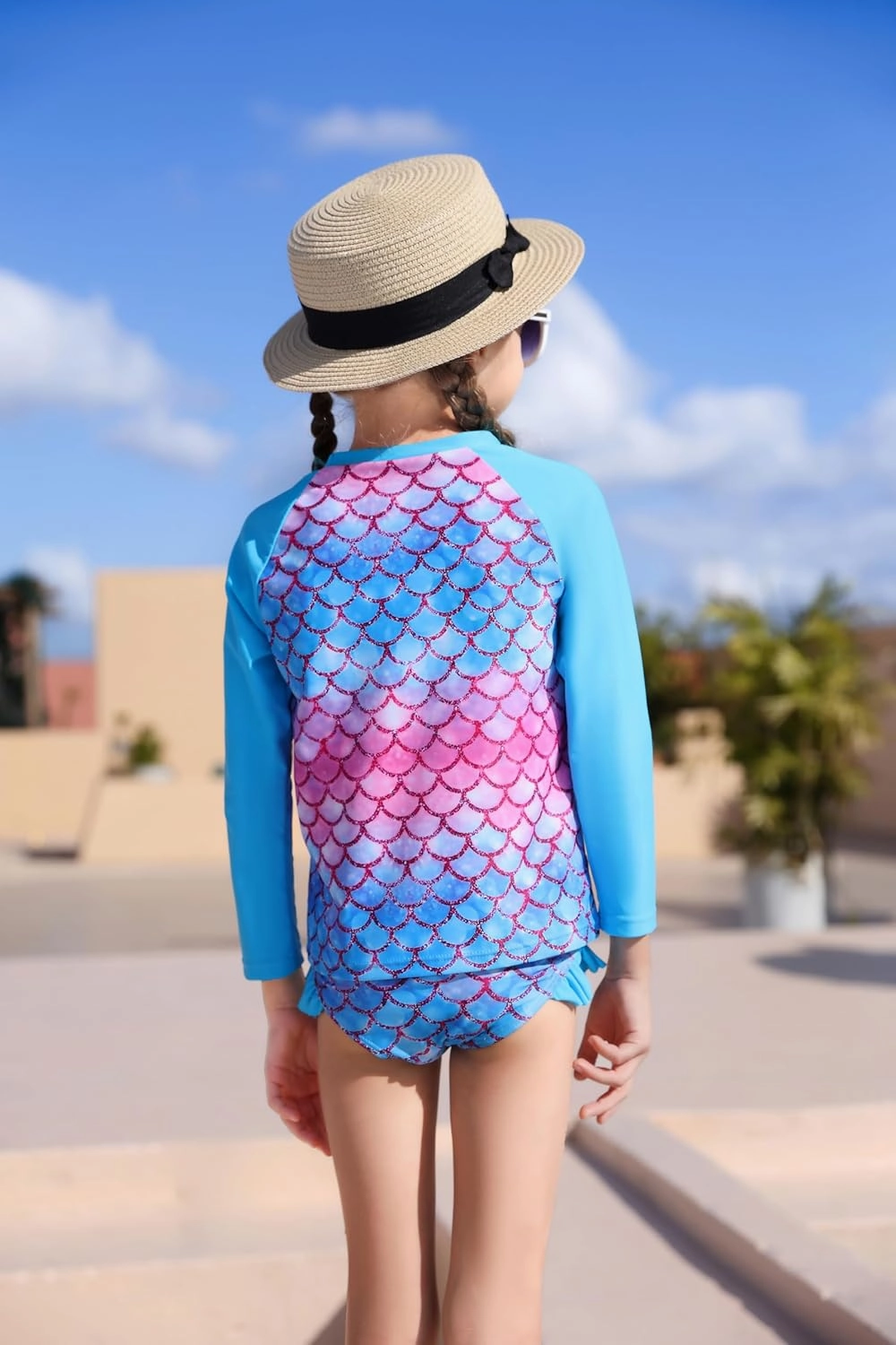 Little Girls Swimsuit Rash Guard Set Toddler Girl Long Sleeve Two Piece Bathing Suit with Ruffle Bikini Bottoms Swimwear